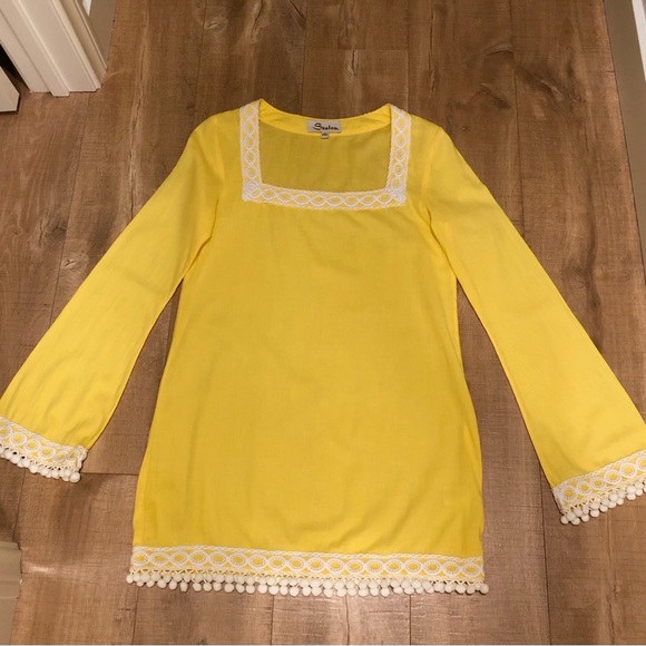 SEATON Retro Yellow Tunic Beach Pool Coverup 100% Cotton PomPon Fringe Size M - Picture 6 of 15